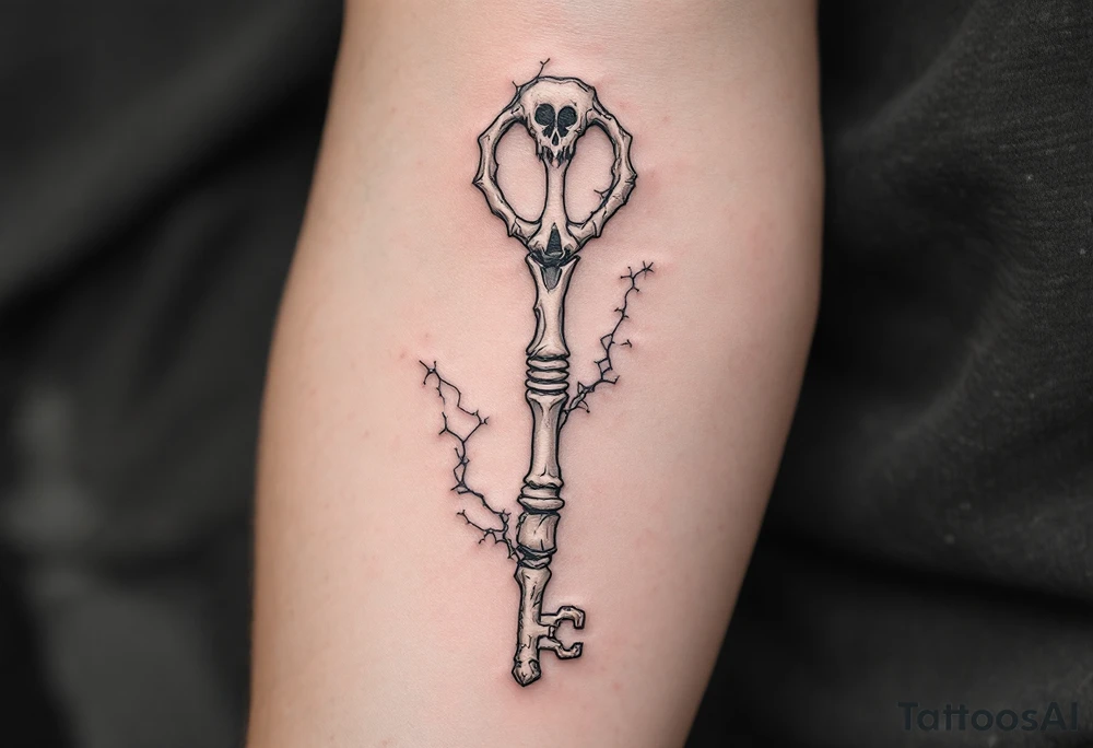 Minimalist finger bone key and ribcage lock – A surreal design where the key is carved from a skeletal finger bone, pointing downward, and the lock is embedded into a cracked human ribcage. The style is fine line with soft shading in muted gray and bone white, accented with light shadowing and subtle black ink details to give it a haunting yet elegant vibe. tattoo idea