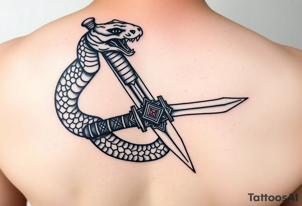 mystical snake coiled around an ancient dagger with jeweled hilt tattoo idea