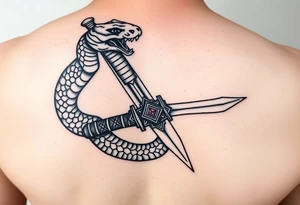 mystical snake coiled around an ancient dagger with jeweled hilt tattoo idea