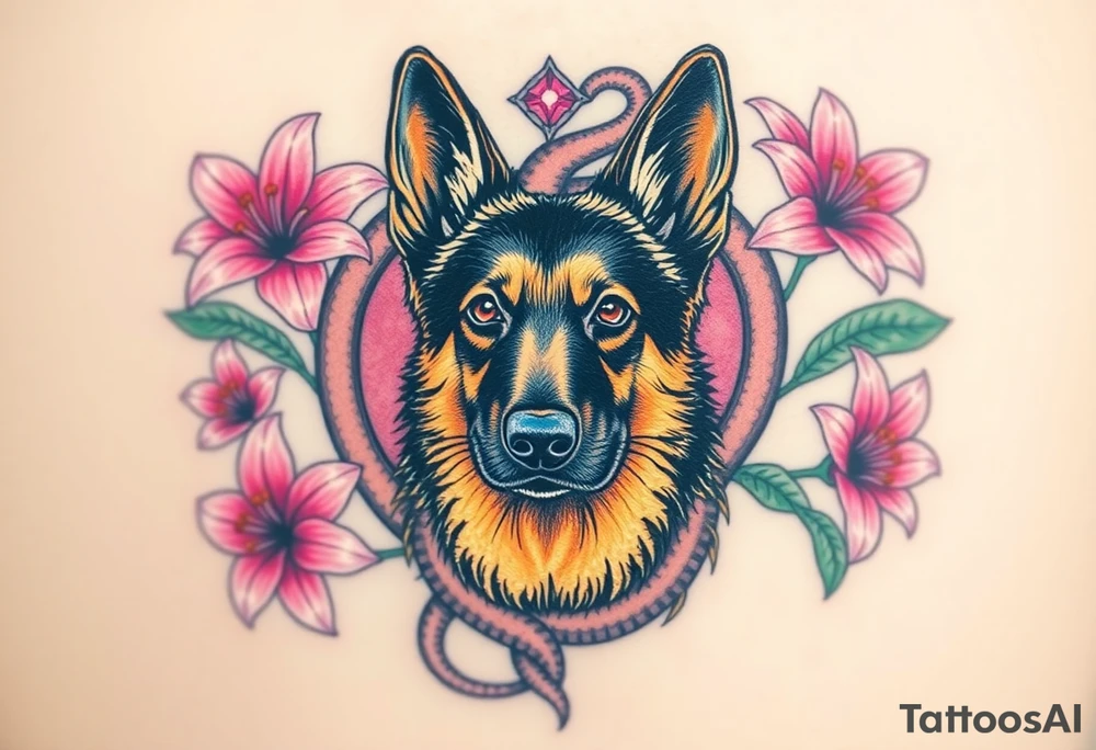 realistic german shepherd with alert ears looking protective surrounded by pink lilies with leaves in front of a serpent sacred heart tattoo idea