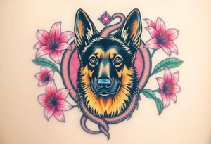 realistic german shepherd with alert ears looking protective surrounded by pink lilies with leaves in front of a serpent sacred heart tattoo idea