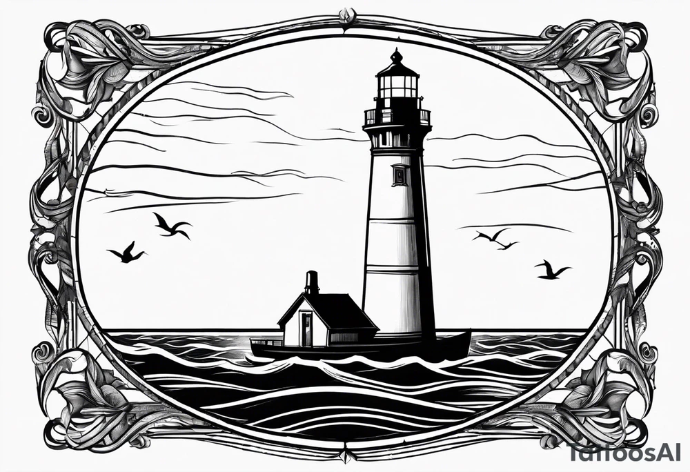 maritime lighthouse partially hidden by its large fixed sail. calm sea reflection. tattoo idea
