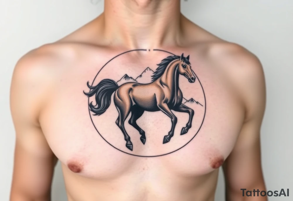 A golden mustang horse with black mane and legs, captured in motion inside a circle. The mountains and nature should frame the design, blending with the horse's black fur as a base to represent the landscape. Experiment with using the black fur to shape the mountains, playing with edges or interior details. tattoo idea