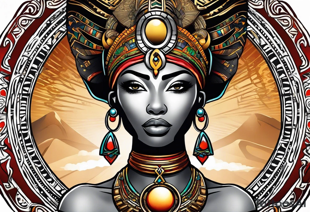 African Goddess wearing the eye of Horus and Ankh symbol tattoo idea