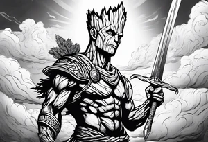 Groot greek warrior with sword, clouds behind tattoo idea