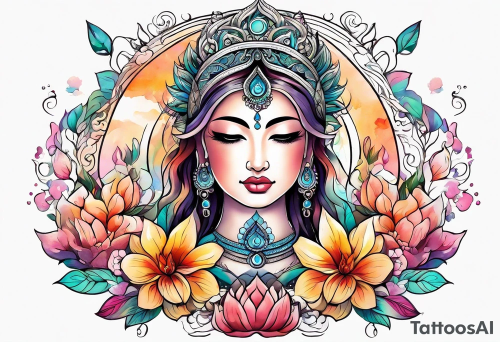 Hippy Buddhist feminine floral tattoo idea