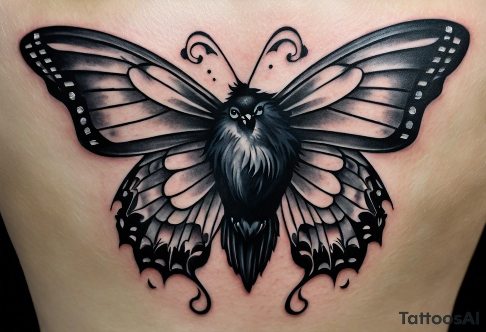 A black and white tattoo.
A butterfly flies. A raven flies. 
The animals fly around the name Malia.

In the background is the name Malia.
In the background is the name SKF.
The number 89 can be seen in the background.
There is also a scorpion in the wing of the butterfly.
This tattoo is black and white and on the arm. tattoo idea