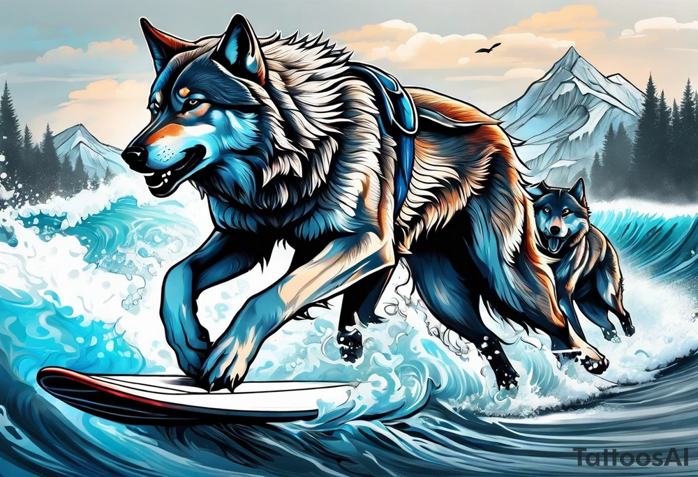 a pack muscular of gray wolves surfing tattoo idea