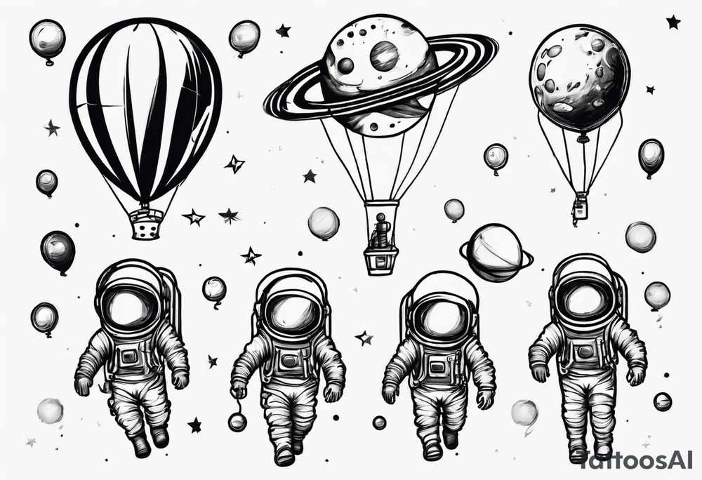 astronaut walking with balloons but balloons are planets tattoo idea