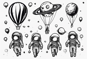 astronaut walking with balloons but balloons are planets tattoo idea