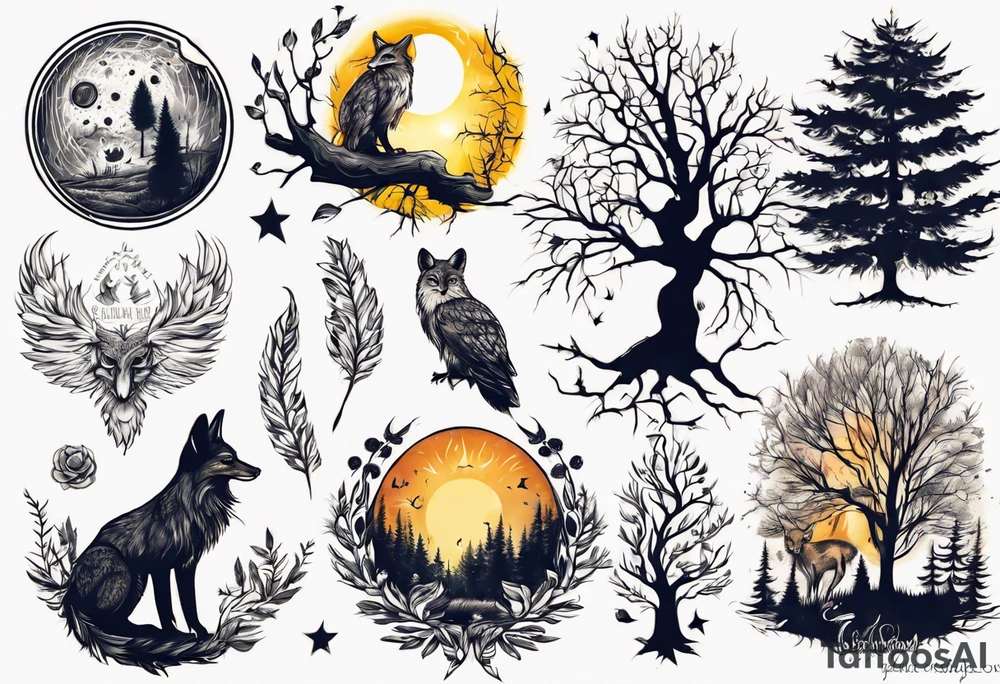 sonne, eule  wald, fuchs 
baum, sapere aude tattoo idea
