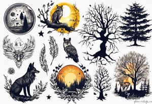 sonne, eule  wald, fuchs 
baum, sapere aude tattoo idea