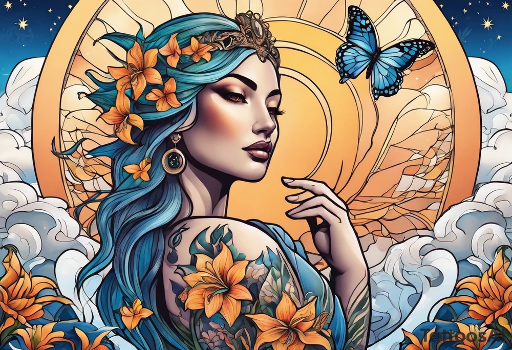 Forward-facing, portrait full length of creation goddess standing upright.  Butterflies. Lillies at feet. Arms raised and hands cupped towards sky. Sun, moon and stars in background tattoo idea