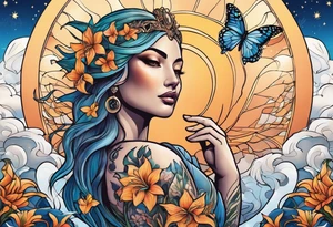 Forward-facing, portrait full length of creation goddess standing upright.  Butterflies. Lillies at feet. Arms raised and hands cupped towards sky. Sun, moon and stars in background tattoo idea