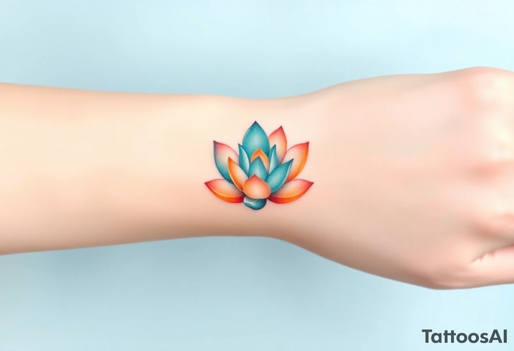 A small water lily tattoo, with light teal and soft peach accents, set in the center of the wrist or ankle, representing personal growth and balance tattoo idea