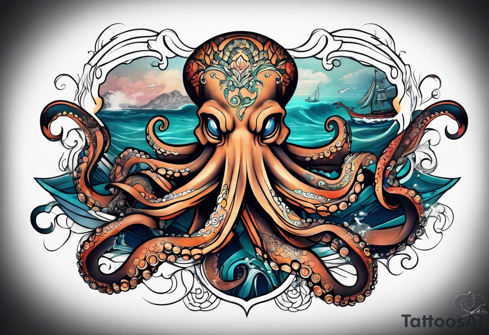 Full sleeve arm tattoo with octopus and sea scene tattoo idea