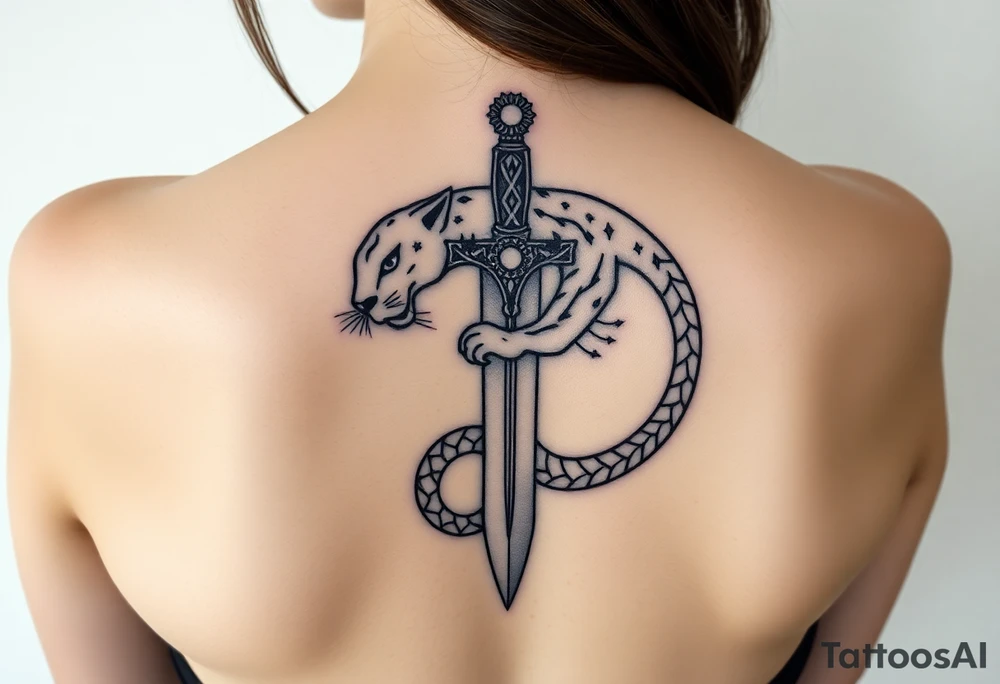 mystical panther coiled around an ancient dagger with jeweled hilt tattoo idea