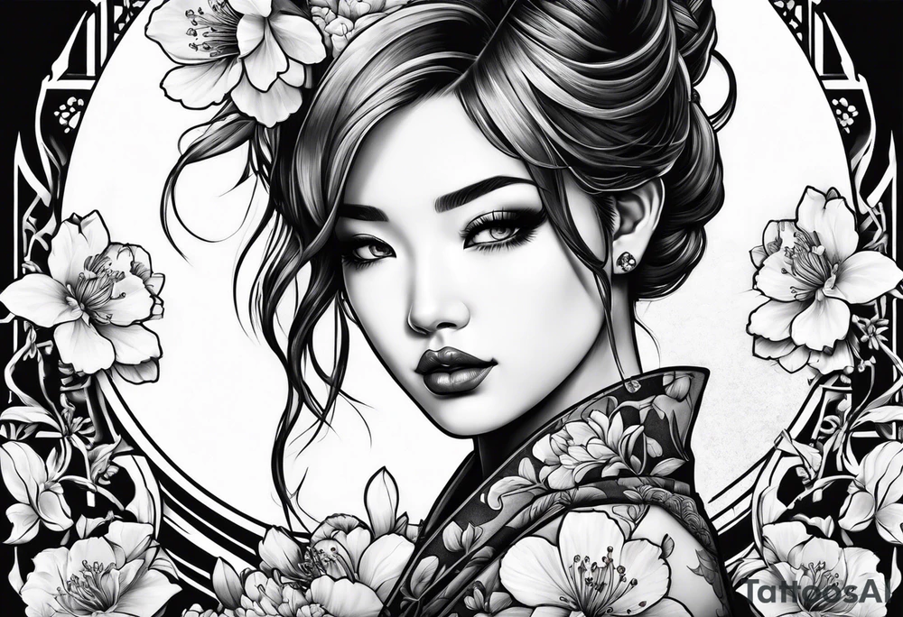 Two face girl with cherry blossoms tattoo idea