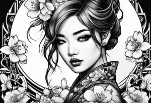 Two face girl with cherry blossoms tattoo idea