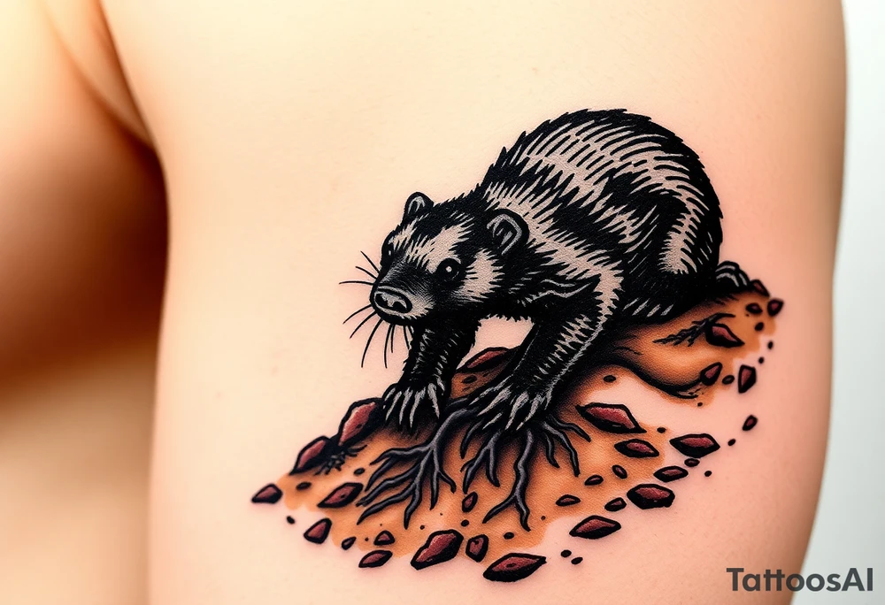 A black mole emerging from the earth, with rich brown soil textures and tiny roots, symbolizing perseverance and hidden strength tattoo idea