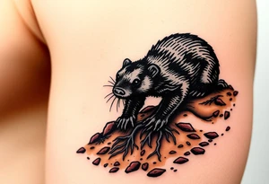 A black mole emerging from the earth, with rich brown soil textures and tiny roots, symbolizing perseverance and hidden strength tattoo idea