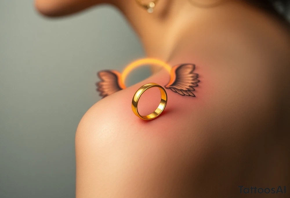 A golden wedding band floating within an angelic halo, glowing softly. tattoo idea