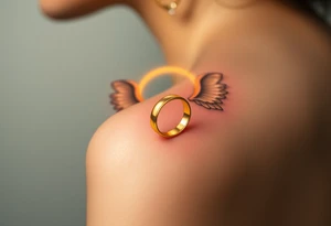 A golden wedding band floating within an angelic halo, glowing softly. tattoo idea