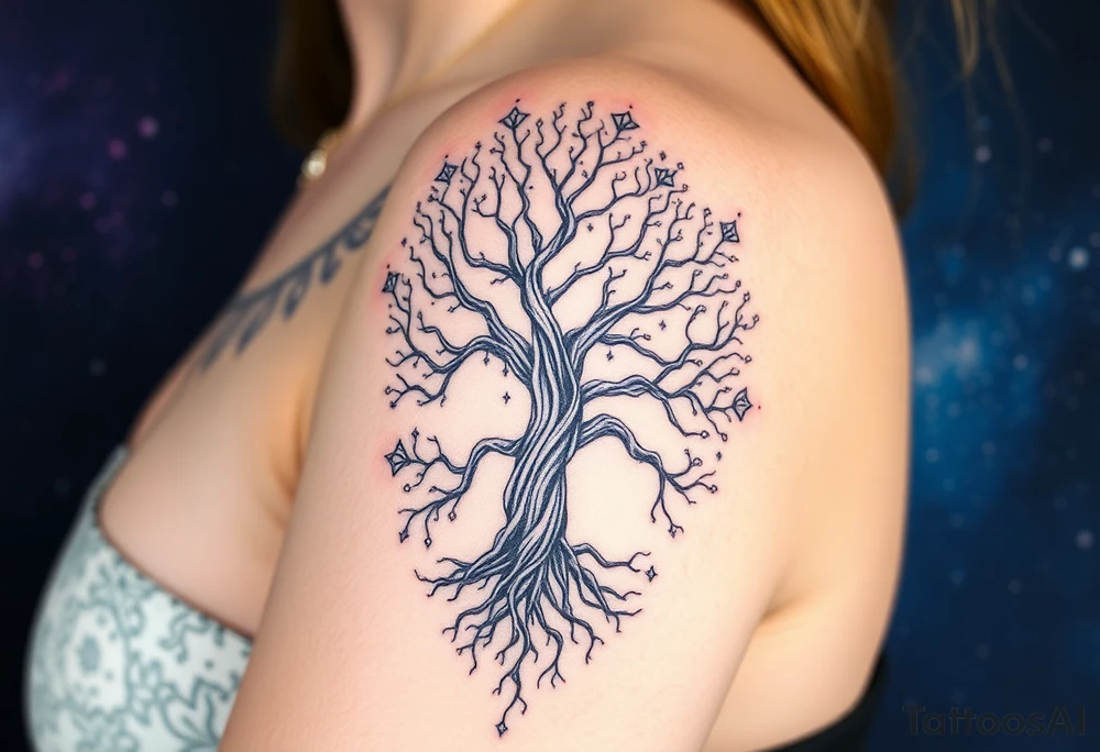 mystical tree of life with cosmic roots and celestial branches, 
more full tree and sparkles around ethereal, making it a scene in a galaxy background tattoo idea