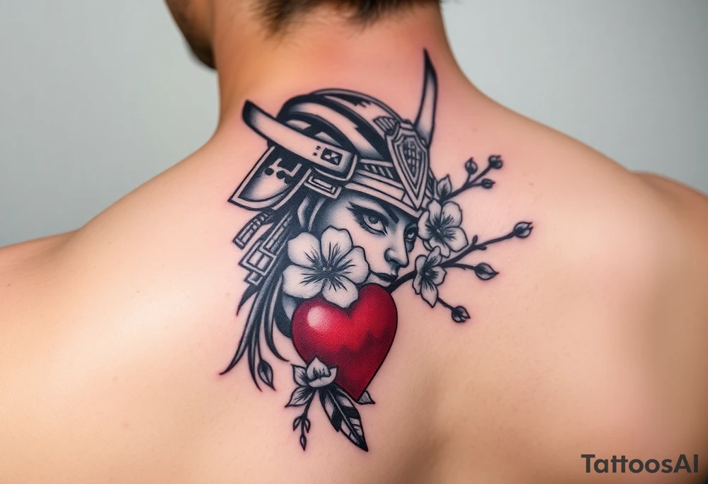 Samurai women warrior face
 with a with cherry blossom with wind red heart tattoo idea