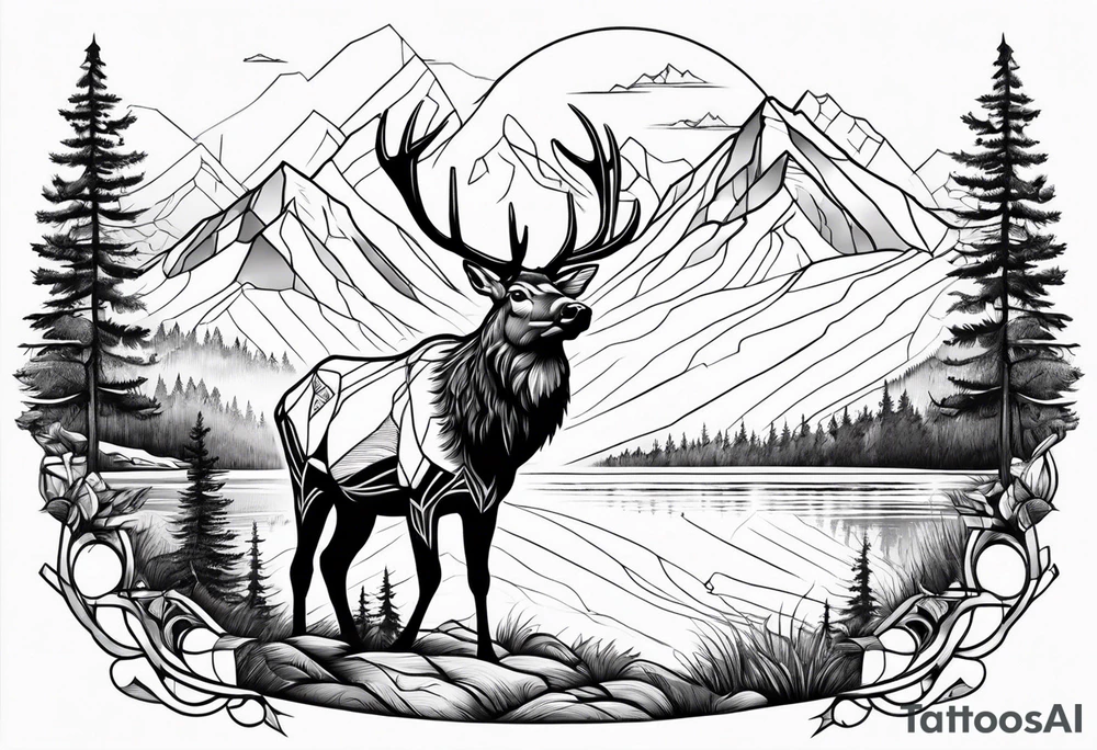 majestic elk near a lake, with mountains in the background tattoo idea