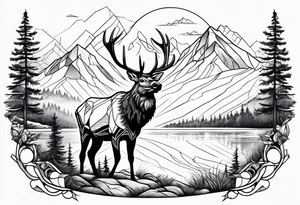majestic elk near a lake, with mountains in the background tattoo idea