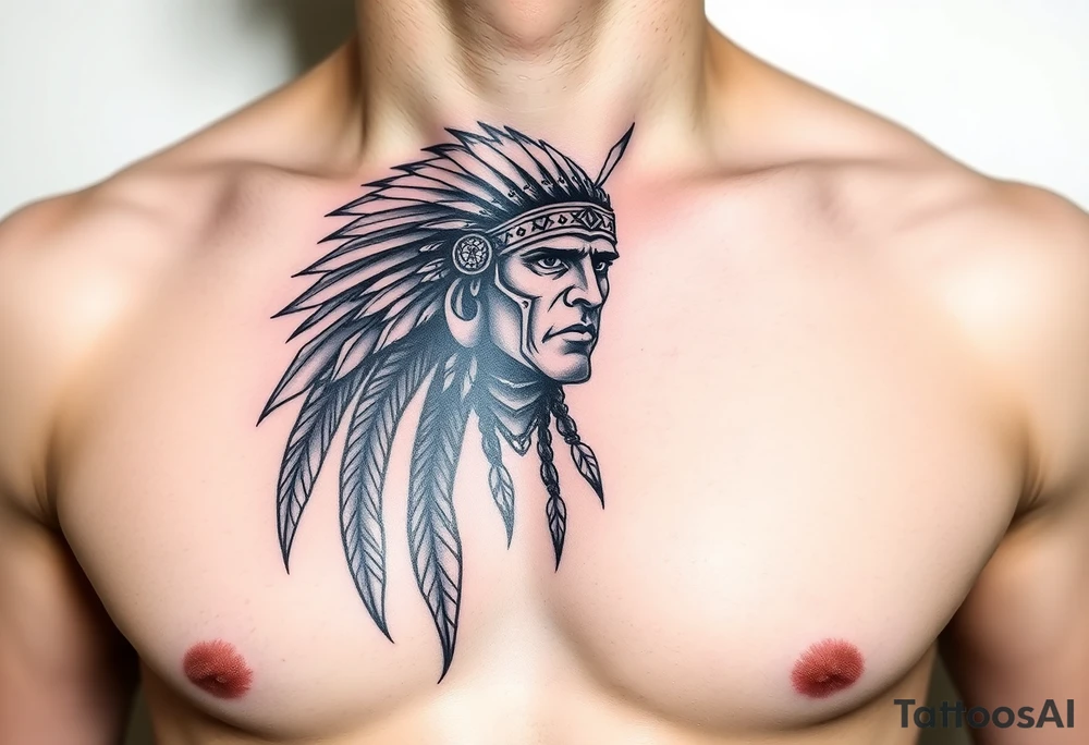 Warrior Indian left chest full color tattoo idea