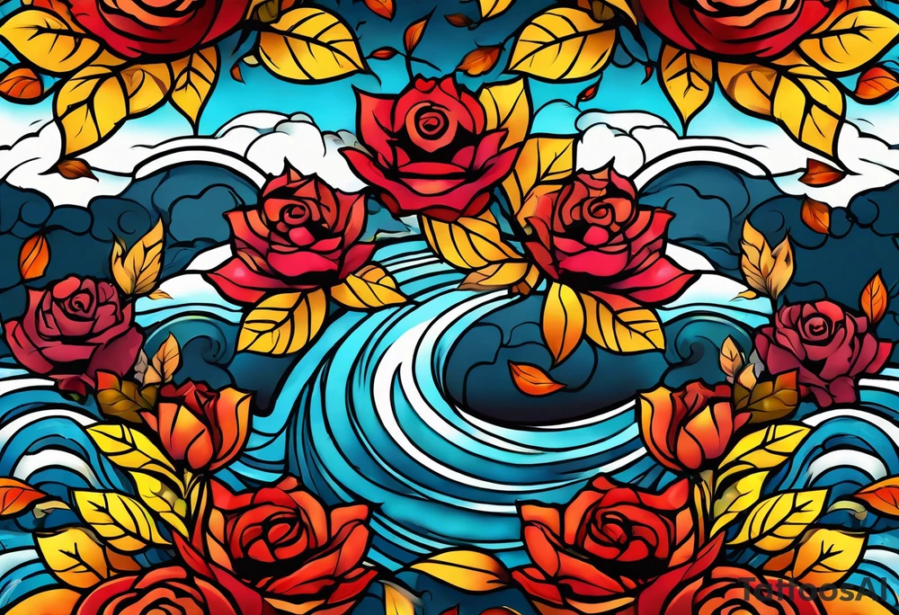 thigh tattoo in fall colors, showing, li, water flow, rocks, sky, clouds, leaves, roses and background tattoo idea
