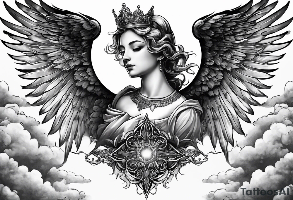 Neck tattoo angelic with a hint of space and angels and clouds and crown tattoo idea