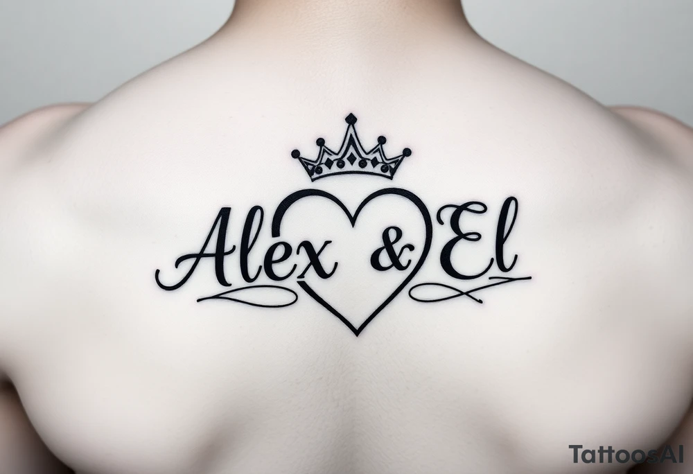 the name Alex and El in a heart with crown tattoo idea