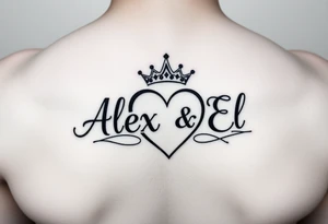 the name Alex and El in a heart with crown tattoo idea