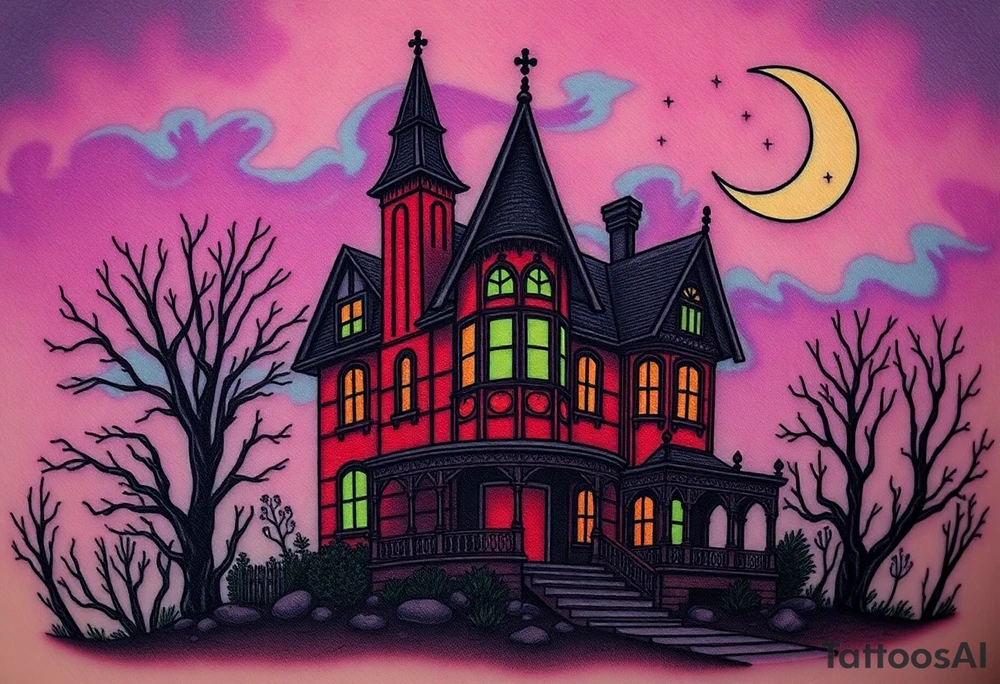 Tim Burton’s haunted victorian home is abandoned and dripping with muted reds, dusty pinks, and eerie green glow.purple and cyan smokey clouds swirl in the crescent moonlit sky thats sprinkled with stars tattoo idea tattoo idea