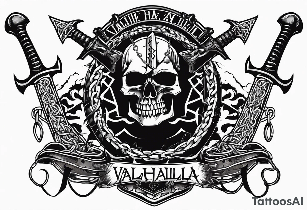 Valhalla sword shield axe barbed wire chains dark cloud tattoo idea