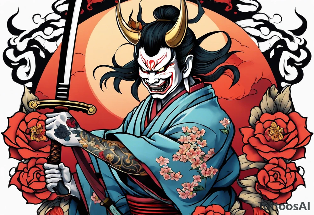 Hannya  holding a katana full tattoo idea