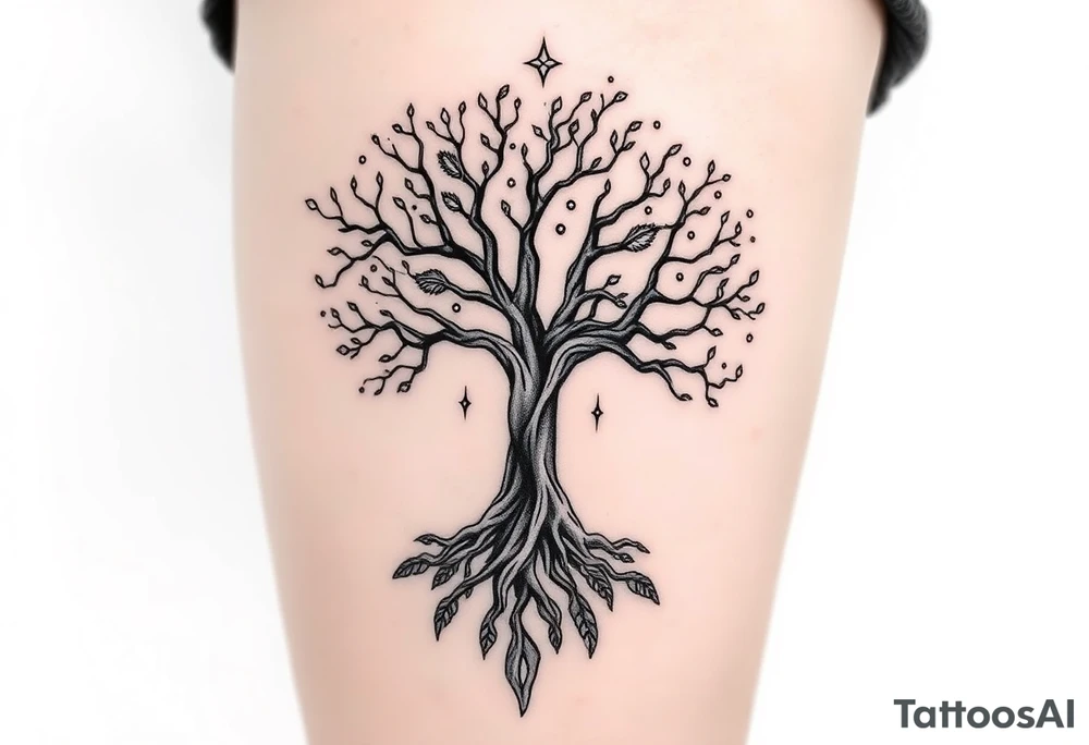 mystical tree of life with cosmic roots and celestial branches tattoo idea
