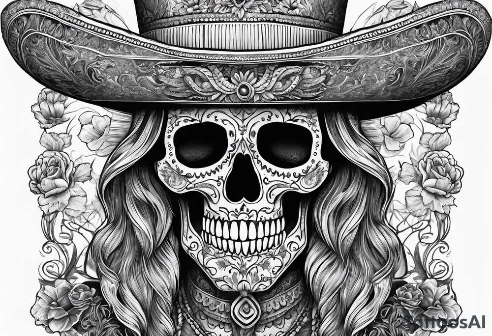 full body of standing skeleton in the suit with hat in mexican style, similar to santa muerte tattoo idea
