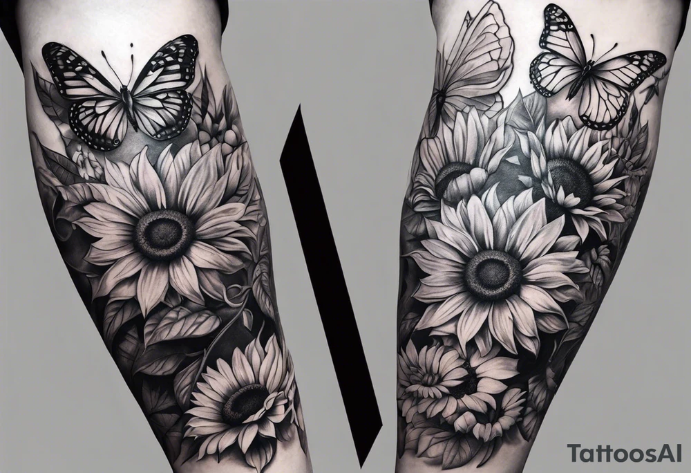 Leg sleeve with sunflowers and butterflies tattoo idea