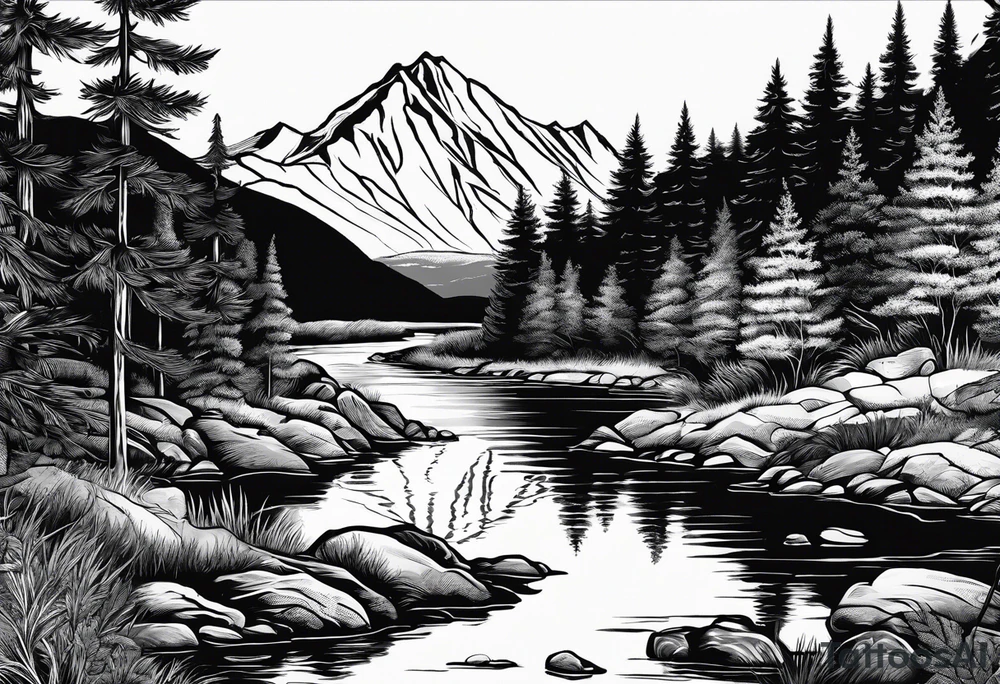 Mountain scene with a river with a subtle peace sign. Use IT IS WELL written in the scene tattoo idea