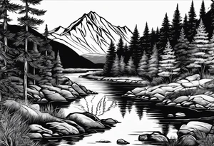 Mountain scene with a river with a subtle peace sign. Use IT IS WELL written in the scene tattoo idea