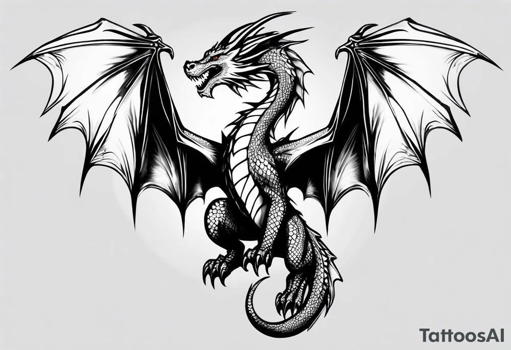 Symmetrical, Realistic dragon, facing forward. With both wings spread out. Torn look to wings. Tails wraps down and has a morning star weapon at the end of tail. The tattoo would be suitable for the centre of a chest tattoo idea