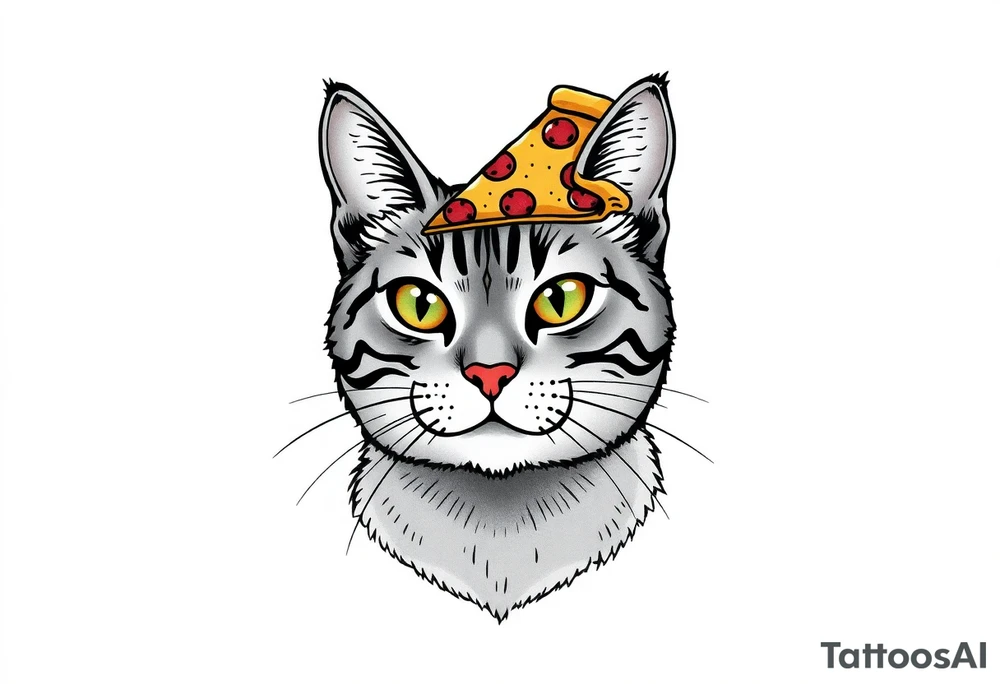 fat grey tabby cat portrait with chessy pizza slice on its head tattoo idea