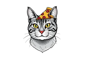 fat grey tabby cat portrait with chessy pizza slice on its head tattoo idea