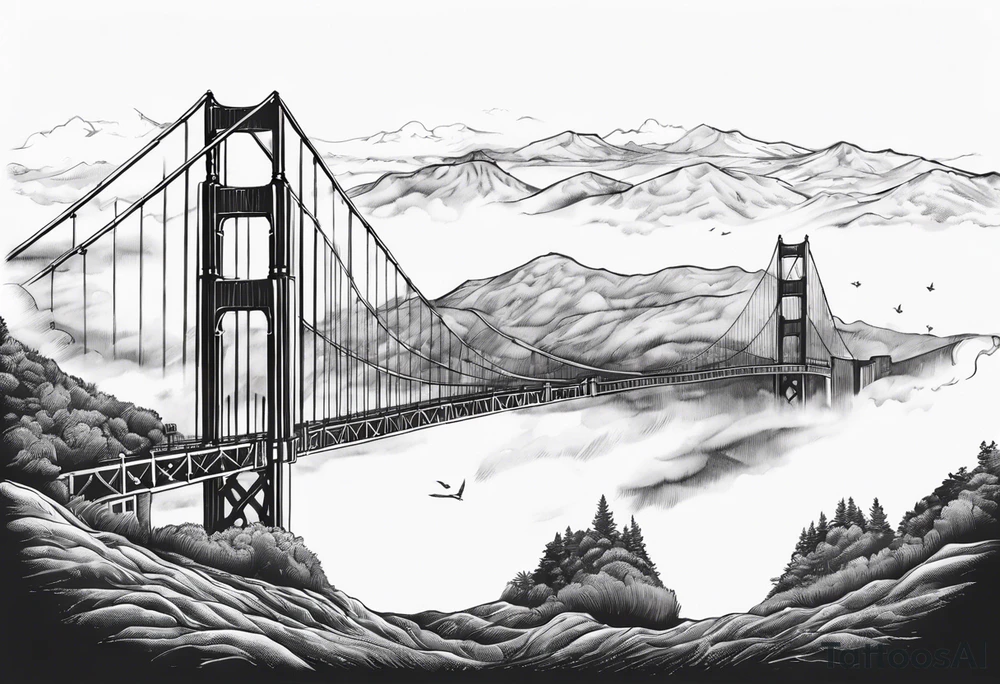 Golden Gate Bridge with fog rolling in with Marin hills in the background tattoo idea