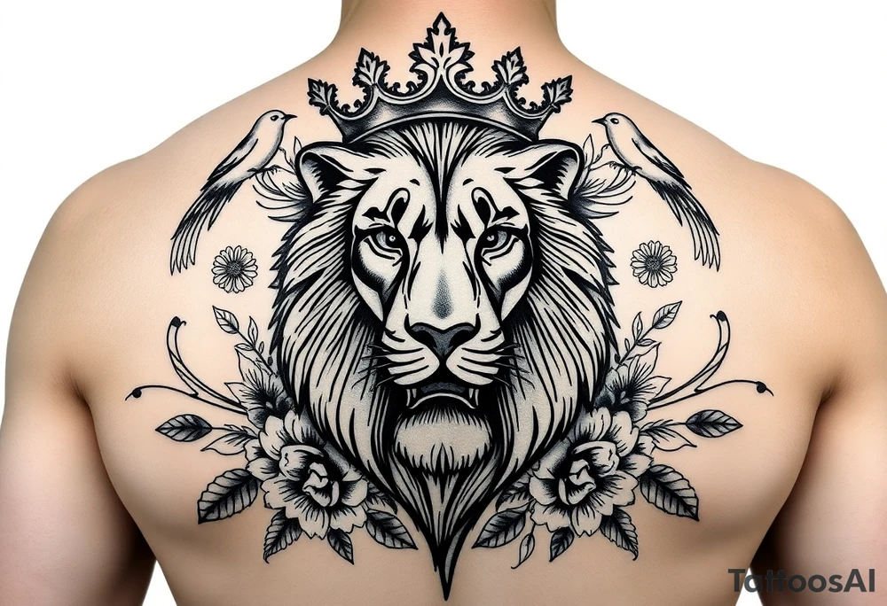 powerful majestic lion with a crown, surrounded by floral ornaments and birds tattoo idea