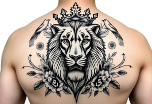 powerful majestic lion with a crown, surrounded by floral ornaments and birds tattoo idea